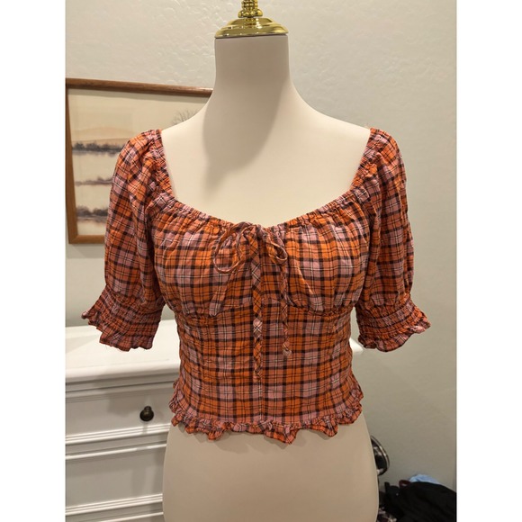 SO Tops - Cottage Core Plaid Smocked milkmaid Top SO Orange Pink Sweetheart Neck M
